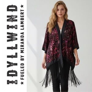 IDYLLWIND Kimono Black Pink Red Fringed Stunning Velvet Burnout Cardigan NWT 🖤💗
